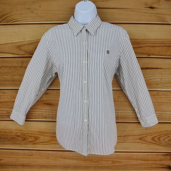 Chaps Button Up Shirt Collar Womens L White Dark Brown Stripes Cotton 3/4 Sleeve - Picture 1 of 6